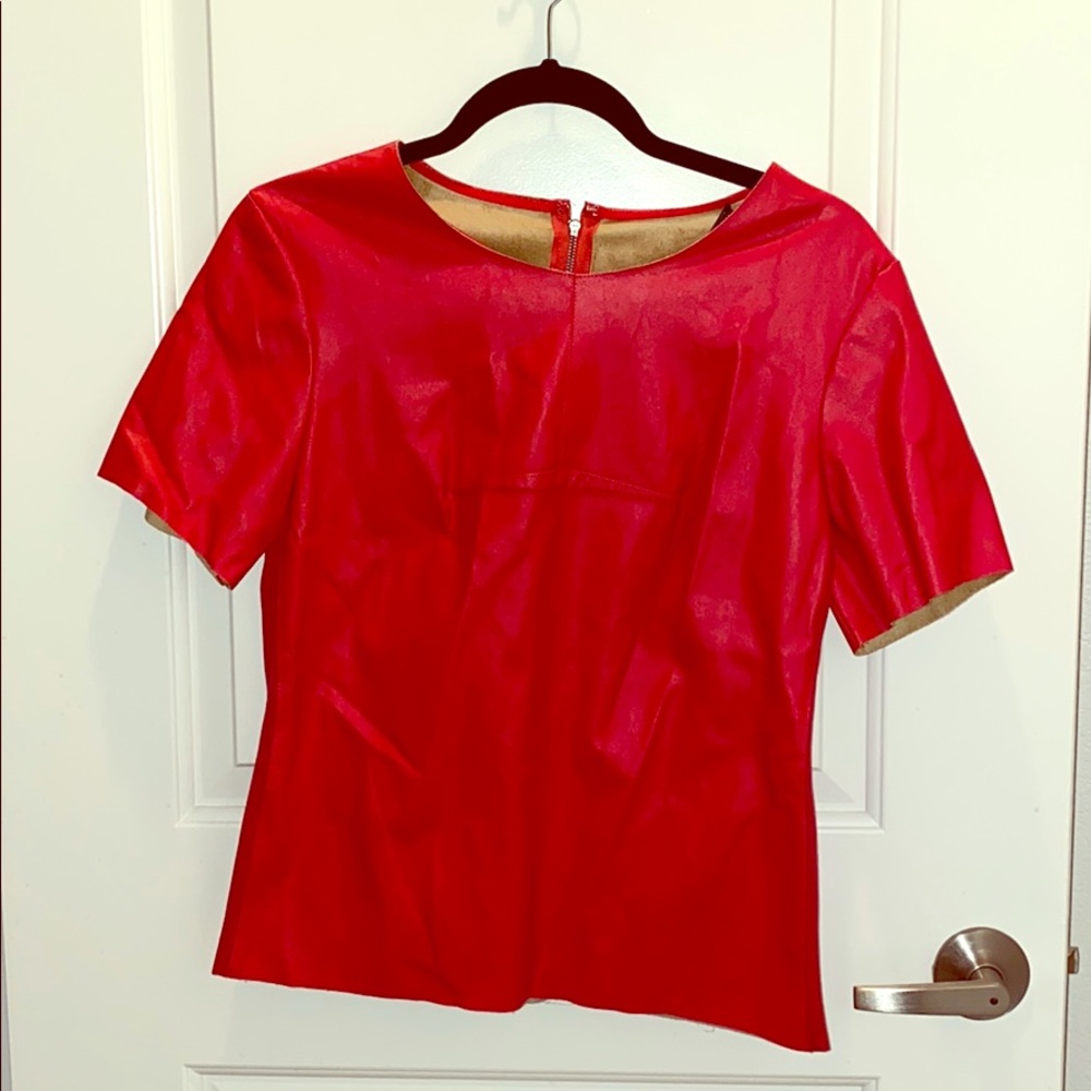 Short sleeve red leather shirt with suede lining